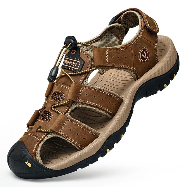 asdoklhq Men's Sandals Arch Support,Men's Outdoor Men's Leather Non-slip Anti-kick and Anti-collision Beach Sandals