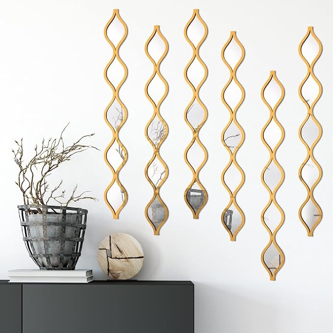 Yulejo 6 Pcs Acrylic Teardrop Mirror, Decorative Narrow Wall Decor Boho Vintage Wall Decals Art for Apartment Home Living Room Bathroom Bedroom Hallway (Gold Edge)