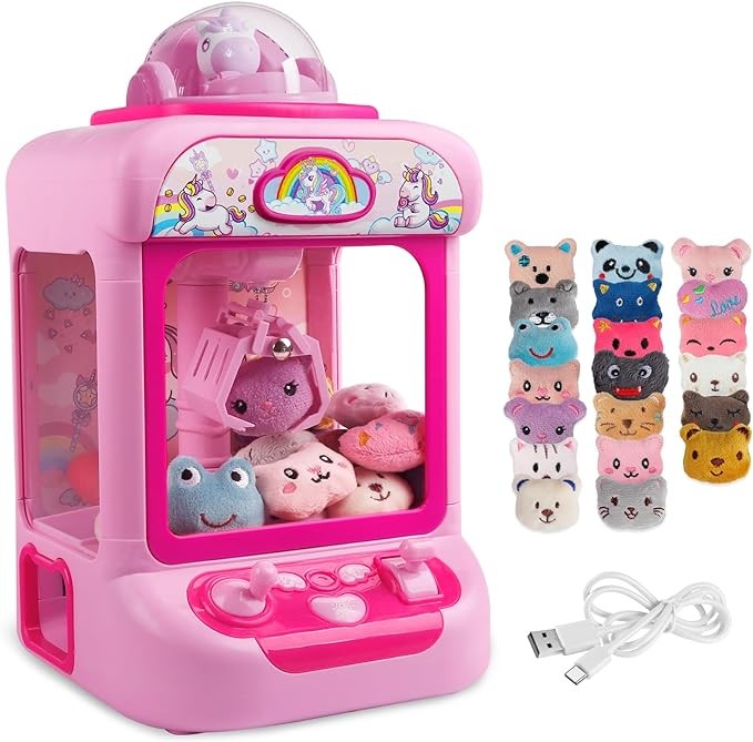 TingingYuli Claw Machine for Kids,Unicorn Mini Vending Machines Candy Grabber Prize Dispenser Pink Toys for Girls,Electronic Arcade Game with 20 Mini Plush Toys for Christmas Birthday Gifts