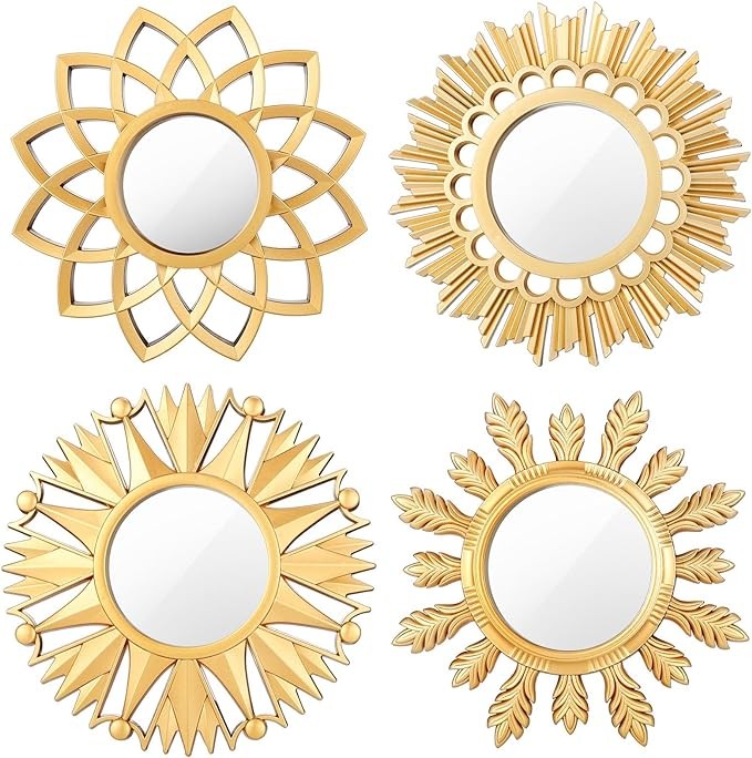 Set of 4 Gold Mirrors for Wall Decor Small Circle Flowers Mirrors Decorative Gold Hanging Wall Art Flowers Mirror for Home Living Dinning Room Bedroom Bathroom Entryway Boho Decoration Art Gifts