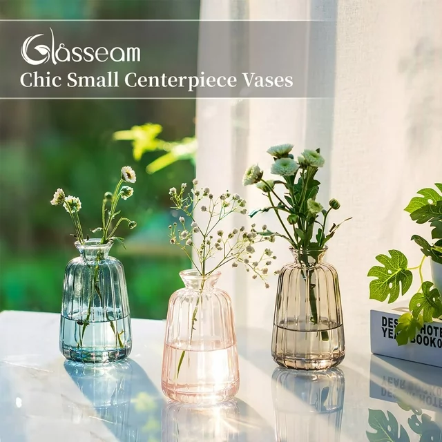 Glasseam Small Glass Bud Vase 4.52"Colorful Cute Ribbed Vases for Flowers Set of 3 (Pink+Grey+Green)