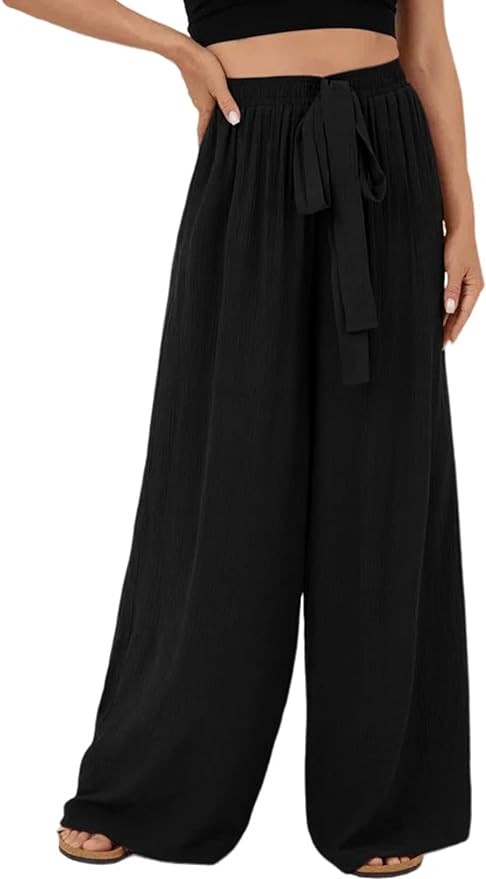 Dokotoo Womens Elastic High Waist Wide Leg Pants Flowy Casual Loose Slant Pocket Spring Summer Solid Trousers