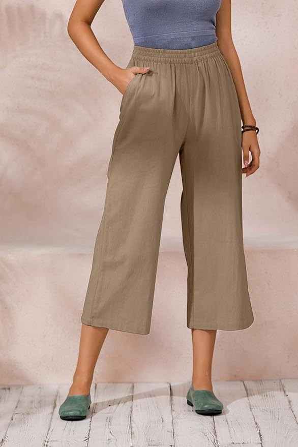 ECUPPER Womens Casual Loose Elastic Waist Cotton Trouser Cropped Wide Leg Pants