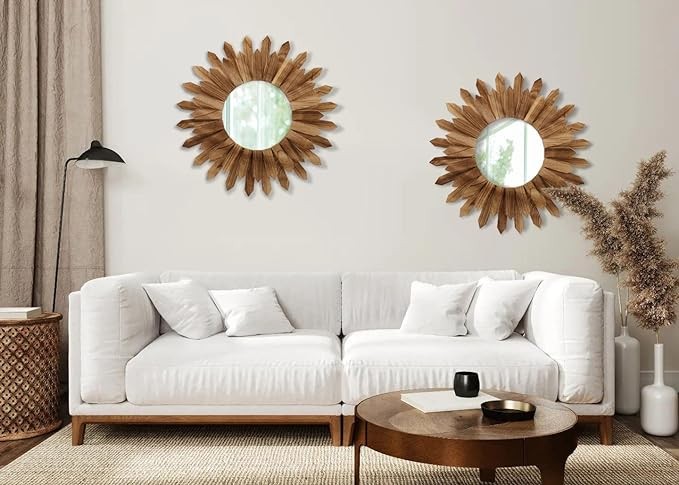 LOSOUR 2 Pack 22 Inch Boho Wall Sunburst Mirror Rustic Round Wood Decorative Mirror Boho Wall Art Decor Mirror for Entryway Bedroom Living Room