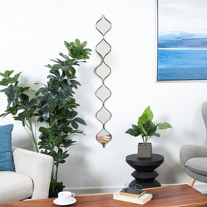 eco 79 Metal Room Wall Mirror Slim Stacked Chain 6 Layer Entryway Mirror with Tear Drop Pattern, Wall Mounted Mirror 6" x 1" x 51", Gold