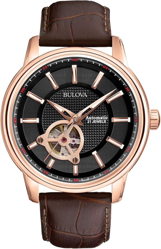 Bulova Men's Classic 3-Hand Automatic Leather Strap Watch, 21-Jewels, Hack Feature, Luminous Hands and Markers, Open Aperture and Exhibition Case Back