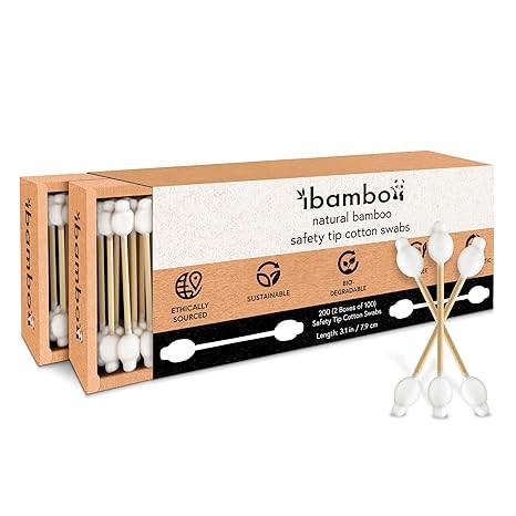 Ibambo 200 Pack Bamboo Baby Cotton Swabs - Double Tipped Child Safety Cotton Swabs for Ear and Nose Cleaning | Perfect for Diaper Bags, Kids, Personal Care, Arts & Crafts | Hypoallergenic Baby Swabs