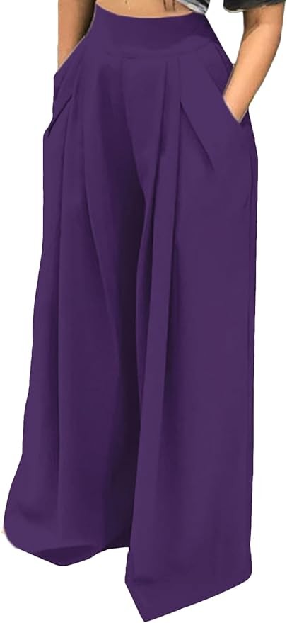 EQQZD Palazzo Pants for Women Flowy Wide Leg High Waisted Trousers Long Dressy Bottoms