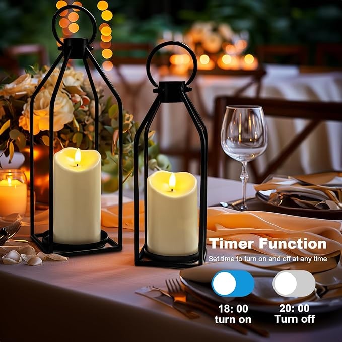 Homemory Modern Farmhouse Lantern Decor with Waterproof Flameless Candle & Remote Timer, 2PCS Black Metal Candle Lantern Decorative for Outdoor Indoor Home Living Room Patio Porch Table (Black)