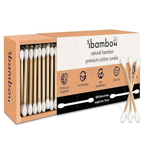 Ibambo 500 Pack Bamboo Cotton Swabs - Double Tipped Cotton Buds for Ear Cleaning | Bamboo Swabs for Beauty, Personal Care, Arts & Crafts | Hypoallergenic & Ecofriendly, Suitable for All Ages and Pets