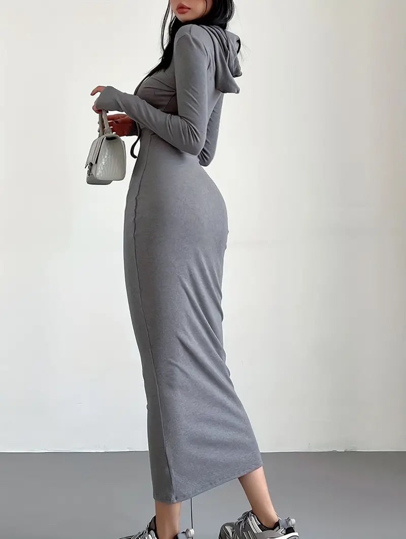 Drawstring Hooded Dress, Casual Long Sleeve Bodycon Dress, Women's Clothing