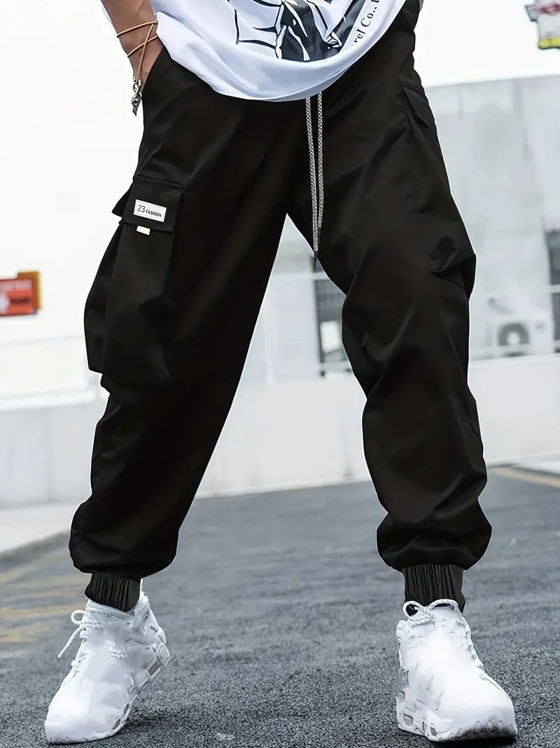 Plus Size Men's Drawstring Cargo Pants: Letters Print, Multi-Pocket Design, Perfect For Outdoor Activities