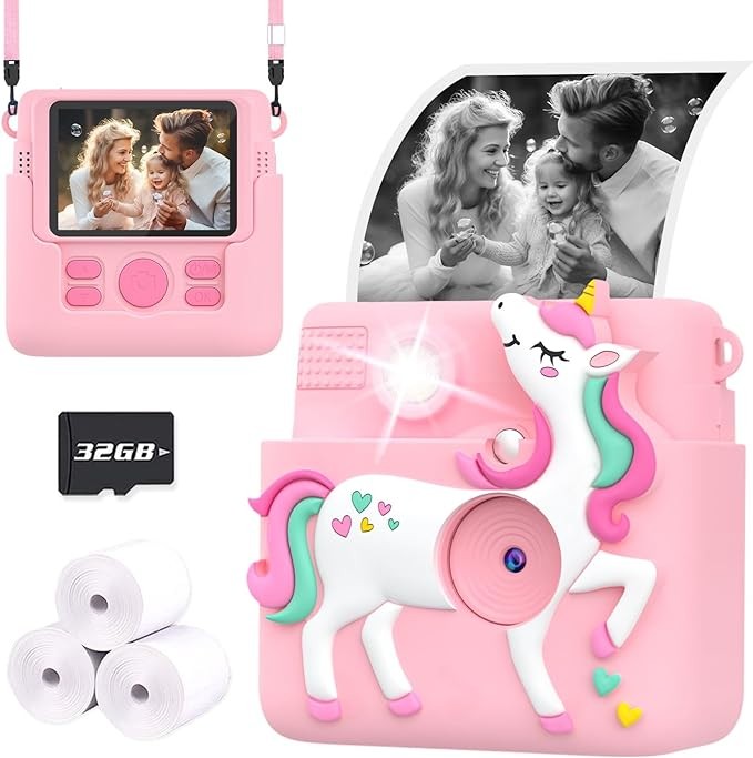 Ziegoal Kids Camera Instant Print, 1080P Cameras for Kids Girls Toys Age 6-8, Christmas Birthday Gift for 7 8 9 10 Year Old Girls, Kids Toys for Girls Age 3-12 with 3 Rolls Paper and a 32G Card-Pink